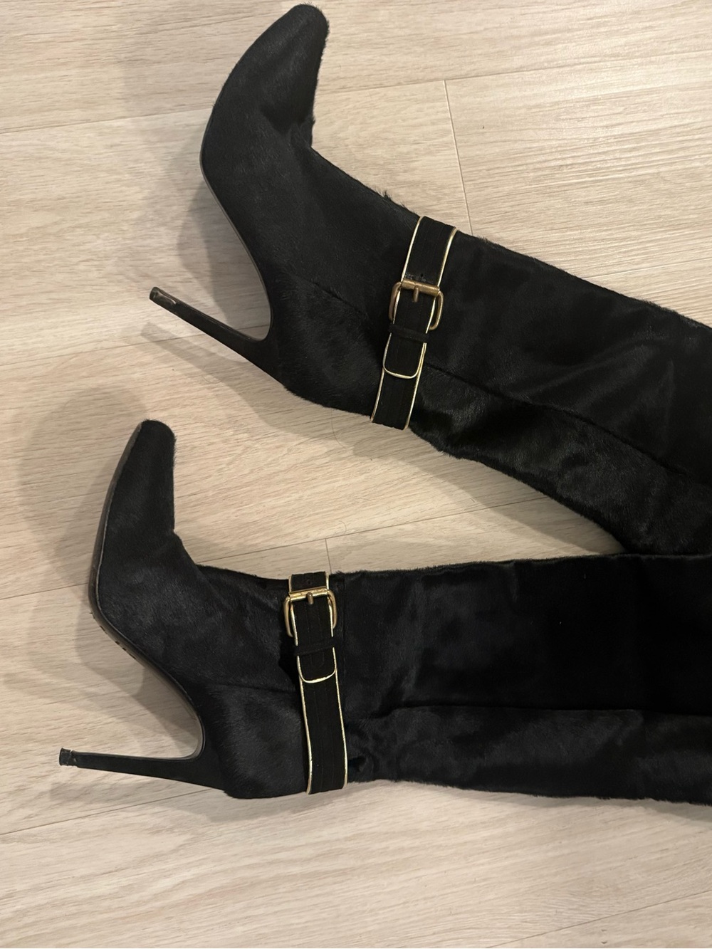 Black Designer Balmain Over-the-Knee Stiletto Boots with Gold Buckles